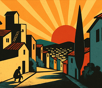 A brightly colored illustration of a sun setting on a village with a silhouette of a man looking out to the horizon down a street.