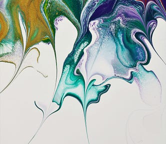 An abstract painting of greens, white, blue, mustard, with the slightest impression of a face, or two.