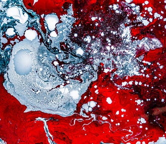 A fusion of milk, water paint, and oil reminiscent of blood and ice