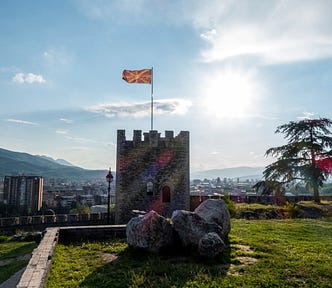 The Flag of North Macedonia flying on the Fortress in Skopje, North Macedonia