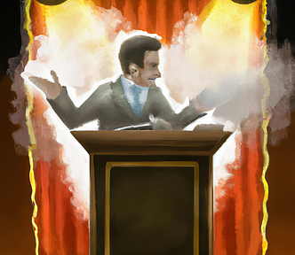 A suited presenter gesturing behind a podium against a red curtain, dazzling an unseen audience with bright overhead lighting and smoke effects.