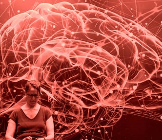 Person on phone with a transparent brain image in the background