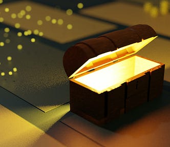 A wooden ‘treasure chest’ is slightly open with light pouring out of it. There is a smattering of small fairy light — type lights in the top corner of the photo. It looks like it could be a box full of comfort and love.