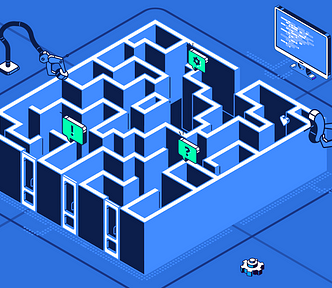 A maze with 3 entry doors and a computer screen at the exit, denoting the “maze” of complexities of SAST