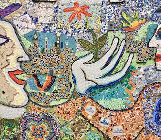 A colorful mosaic of two people in silence