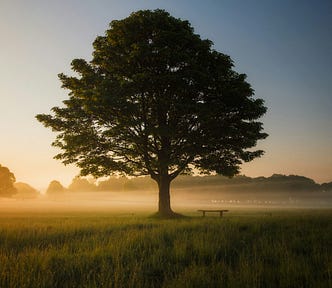 A beautiful ancient oak tree at sunrise