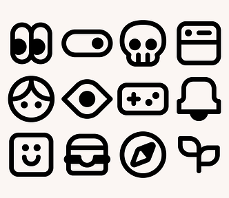 A set of bold icons including a skull, notification bell, and hamburger