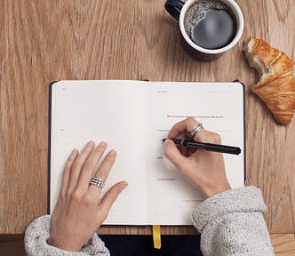 Hands of a woman writing on a notebook, a cup of coffee, and a croissant