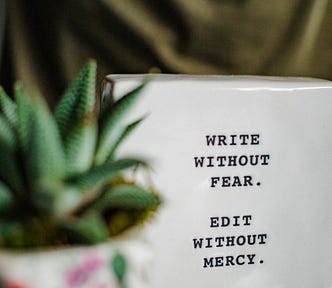 Surprising Things I’ve Learned From Writing on Medium. photo of quote, “Write Without Fear. Edit Without Mercy.” Potted Plant in foreground. writing.