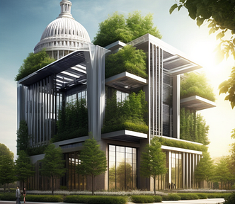 An architecturally complex modern multilevel glass building with lush forests growing on its different stories, it’s top tower looking like The Capitol building