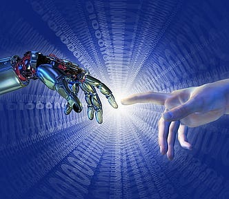 A robot hand on the left reaching out as its pointing finger almost touches a human hand that is reaching out from the right. A blue background with a white light shining in the middle of the picture with the center of the light being where the two fingers almost touch