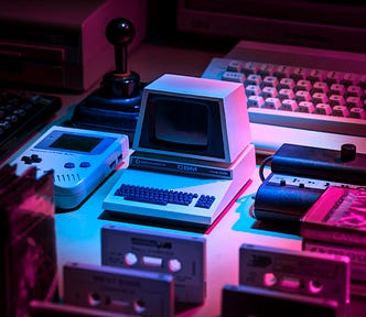 A realistic 3D render of classic 80’s and 90’s tech including a GameBoy, cassette tapes, and a commodore.