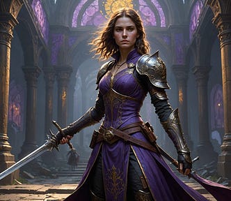 young woman in a purple dress standing in defiance, holding swords
