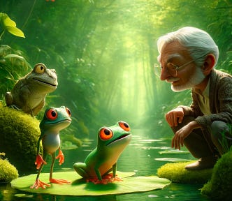 Vivid scene of frogs Lenny, Sam, and Old Croaker on a lily pad discussing respect, surrounded by a lush, magical pond setting