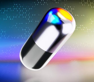 This image shows a metallic coloured pill floating above a coloured skyline with different coloured reflections.