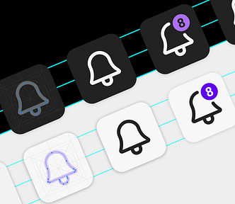 A digital illustration of six bell app icons placed diagonally on a diagonally-split half-black-half-white background with teal lines. The icons are a mix of white lines on black backgrounds, black lines on white backgrounds, and purple lines on white backgrounds.