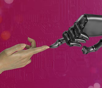 A human hand touches an AI robot