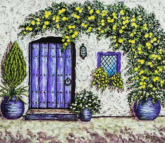 A painting of an off centered purple door with a tall green plant next to the door. The plant pot looks grey with hints of purple. On the other side of the door is a window with yellow flowers that arch over the door and a smaller pot next to that one with white flowers with the same-colored pot of grey with hints of purple. The door looks wooden but also purple.