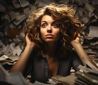 Liquid Staking Derivatives LSD platform fees can impact your staking profit. Image of woman with messy hair struggling in between a big pile of bills. Generated on MidJourney by Henrique Centieiro.