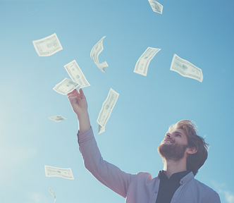 During a bull market, if you don’t lock your gains — you’ll just watch them fly away. Happy bearded man grabbing bank notes flying from the sky. AI realistic Image generated by henrique centieiro and bee lee on MidJourney