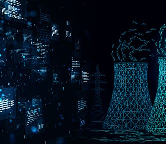 Futuristic digital illustration of two nuclear cooling towers made of glowing blue wireframes, with data streams and computer code flowing in the background. This visual highlights the intersection of advanced technology and nuclear energy, setting the stage for a modern rethink on nuclear power’s role in clean energy transitions.Modern nuclear energy is not what it used to be — advanced technology, data-driven safety systems, and innovation are reshaping the future of nuclear power. Here’s why