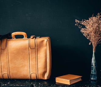 An antique leather travel bag and a book await their next adventure