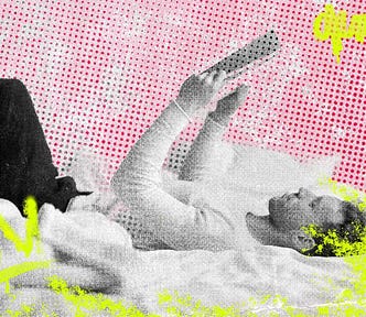 A man lying down and reading his book in a pop art style