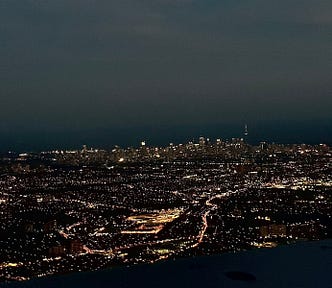Aerial view of Toronto, Canada, at night.