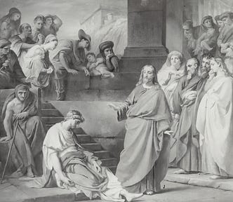 The image shows a scene that appears to be a depiction of Jesus performing a miracle, likely the healing of a sick person. Jesus is at the center, with one hand raised, surrounded by a group of followers and onlookers, all with varied expressions of wonder, concern, or reverence. The setting seems to be an outdoor area with stone steps and a building structure in the background. The composition is detailed, with figures arranged in a way that draws attention to the central action.