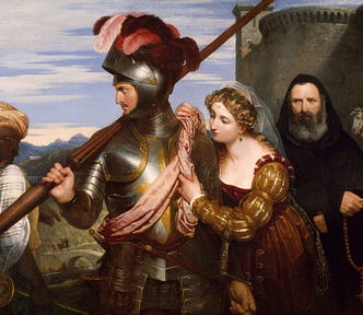 A woman clings to a knight