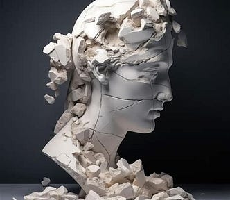 A classical marble bust dissolving into fragments, symbolizing the unbundling of prestigious professions.