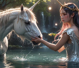 A beautiful woman with a tiara and a unicorn horn, gently holds the muzzle of a unicorn. Both are standing in water.