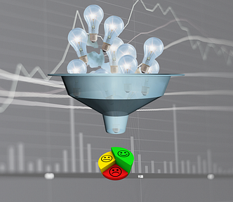 Funnel with bulbs. Below is a pie chart with smiley faces.