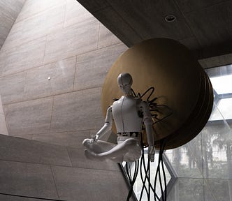 Sculpture of a humanoid robot suspended in mid-air.