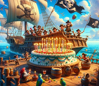A pirate ship delivers a huge birthday cake to Bradan!