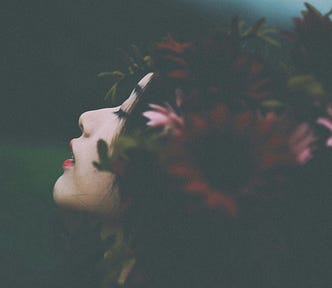 A profile portrait of a woman is centered in thedark photo with flowers in her hair.