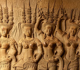 Bas relief carvings of Apsaras at the Angkor Wat temples in Cambodia