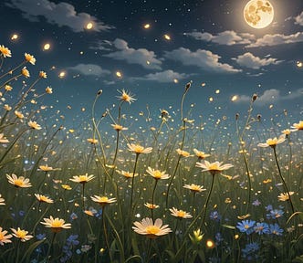 sparkly fireflies in a field of daisies under a full moon