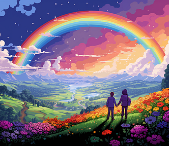 Two people holding hands in the middle of a field full of flowers looking out onto a lush green valley with a huge rainbow in the sky above them.