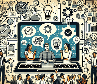 An abstract image of a digital workspace featuring an open laptop displaying symbols like lightbulbs, checkmarks, and gears. Surrounding the laptop are hand-drawn speech bubbles and teamwork icons, symbolizing collaboration. A Caucasian woman, an Asian man, and a Hispanic woman are engaged in a lively discussion, showcasing expressions of brainstorming and teamwork, reflecting the challenges and successes of note-taking. The overall composition captures the essence of creativity and cooperation in a vibrant digital environment.