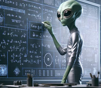 An alien doing mathematics on a board