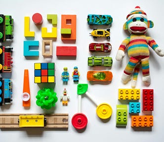 Colorful toys grouped and organized.