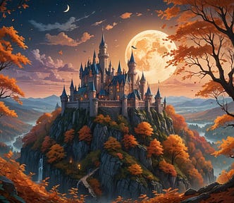 a castle surrounded by fall colors with the moon rising