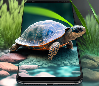 A turtle is crawling on a mobile phone