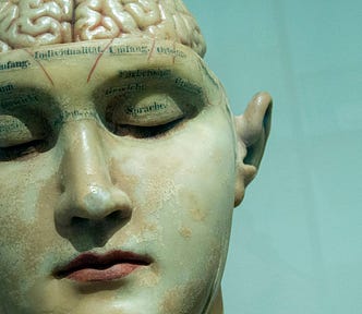 An illustration of a woman’s face, her eyes closed — the top portion of her skull is removed showing the cream colored intricate folds of her brain.