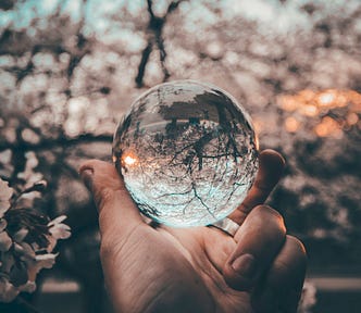 hand holding a crystal bowl reflecting the nature