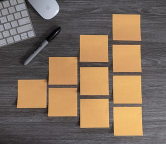 Issue tree built with empty, orange-colored sticky notes on a desk
