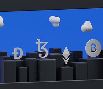 Cartoon of city buildings — or maybe blocks with NFT’s floating above and then an animated blue sky and cartoon clouds in a black frame or a computer screen.