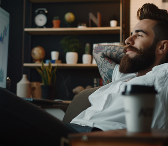 30 years old man with tattoo and beard sitting back on the couch enjoying a cup of coffee, looking at the investment chart. Want to sit back and relax? Let me share with you this simple and passive winning ETF strategy.-AI image created on MidJourney V6 by henrique centieiro and bee lee.