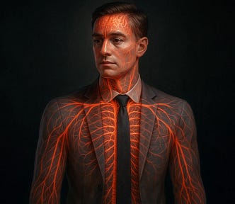 A man in a suit stares forward with a calm, serious expression. His entire body is overlaid with glowing red neural or vascular patterns, symbolizing an activated nervous system. The image visually represents internal stress, emotional intensity, and hidden trauma beneath a professional exterior.